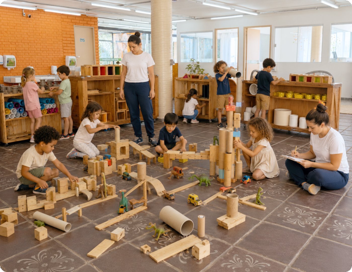 Crianças e educadoras em pátio amplo com blocos de madeira, tubos e materiais de construção espalhados no chão