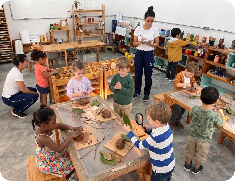 Crianças e educadoras no ateliê explorando argila, folhas e galhos sobre mesas de madeira