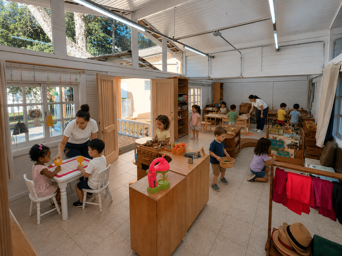 Sala ampla e arejada com crianças do grupo 3 brincando em ambientes de madeira, acompanhadas por educadoras